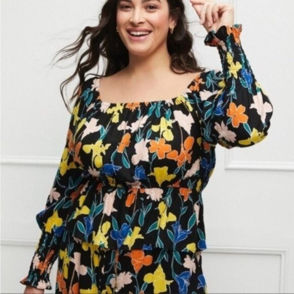 NWT Eloquii Elements Black Floral Peplum Blouse Smocked Wrist Long Sleeve
